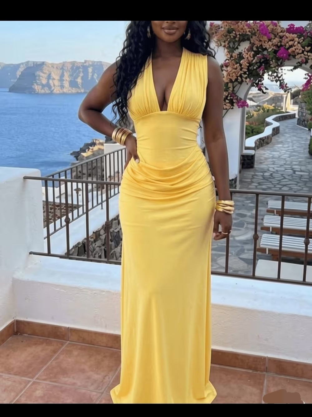 Elegant Yellow V-Neck Evening Maxi Dress